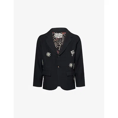 Kartik Research Mens Black Floral Motif Embroidered Single-breasted Wool Blazer