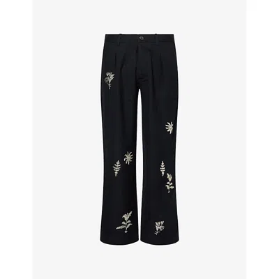 Kartik Research Mens Black Floral Motif Embroidered Wool Trousers