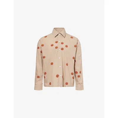 Kartik Research Mens Taupe/red/gold Hand-embroidered Box Cotton Shirt In Neutral