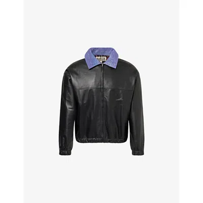 Kartik Research Mens Black Purple Kantha Contrast-collar Leather Jacket