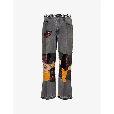 Kartik Research Mens Black Manali Patchwork Bead-embroidered Denim Trousers In Gray