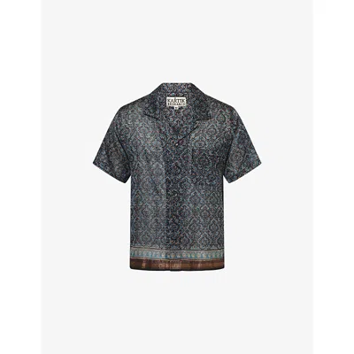 Kartik Research Mens Algae Pattern Camp-collar Silk Shirt In Black
