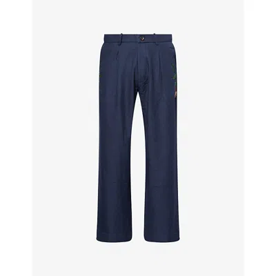 Kartik Research Mens Navy Pleat Embroidered Wool Trousers In Blue