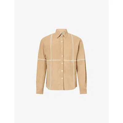 Kartik Research Mens Beige Rabari Embroidered Suede Shirt In Multi