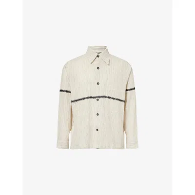 Kartik Research Mens White/ Black Rabari Stripe Cotton Shirt Xl In Metallic