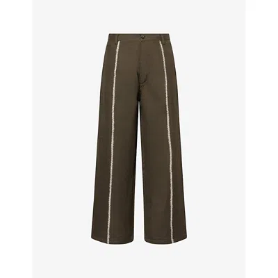 Kartik Research Mens Olive/ecru Rabari Sultan Embroidered Wool Trousers In Brown