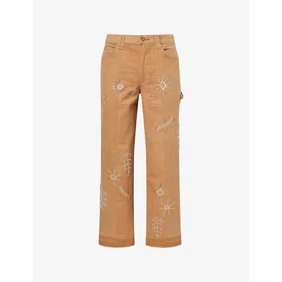 Kartik Research Zardozi Straight-leg Embellished Paneled Cotton-canvas Trousers In Neutral
