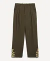 Kartik Research Mens Khaki Double Pleat Hand-embroidered Trousers In Green