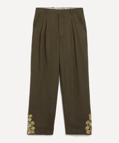 Kartik Research Mens Khaki Double Pleat Hand-embroidered Trousers