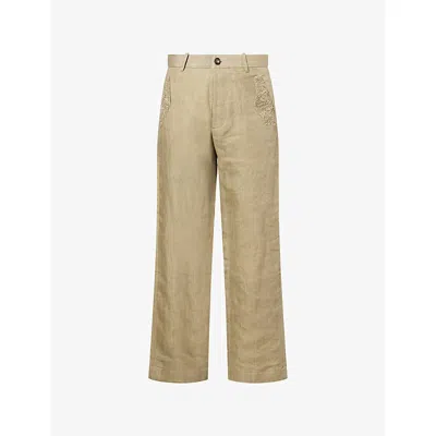 Kartik Research Mens Light Green Bead-embellished Straight-leg Linen Trousers In Brown