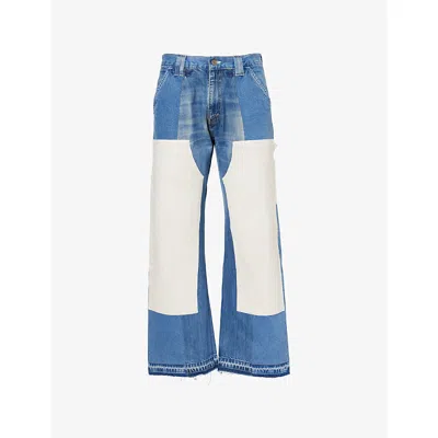 Kartik Research Mens  Double Knee Patch Straight-leg Denim Jeans In Lightwash/white
