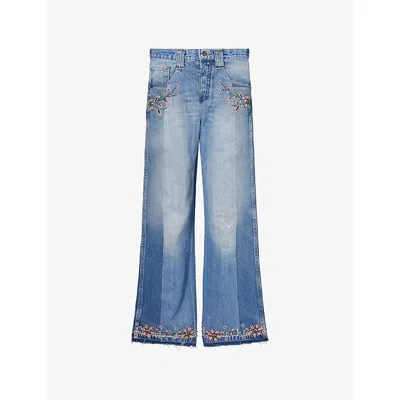Kartik Research Mens Mid Blue Kasauli Bead-embellished Denim Jeans