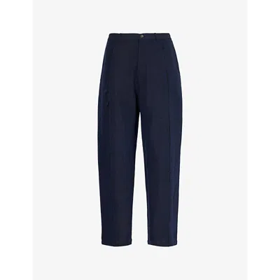 Kartik Research Mens Navy Raw-trims Two-slip-pockets High-rise Relaxed-fit Cotton Trousers