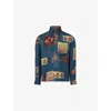 Kartik Research Mens  Camp Graphic-print Silk Shirt In Navy/green/yellow