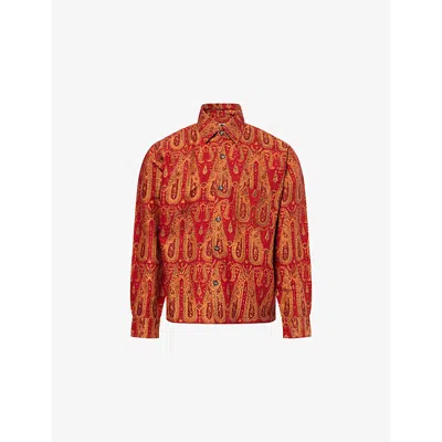 Kartik Research Mens Orange Red Block Printed Silk Shirt