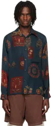 Kartik Research Navy Camp Shirt In Navy/green/yellow