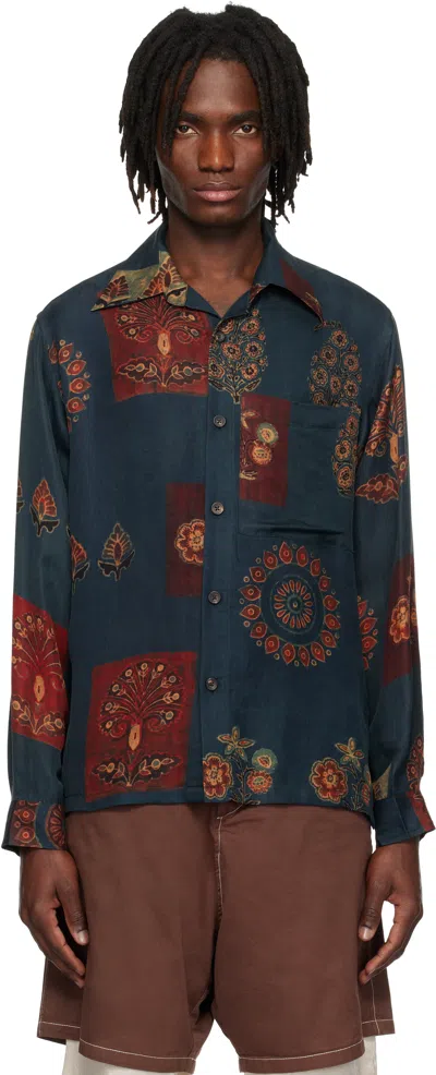 Kartik Research Navy Camp Shirt In Navy/green/yellow
