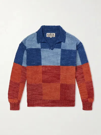 Kartik Research Mens Red Blue Colour-block Rugby Wool Knit Jumper In Multi