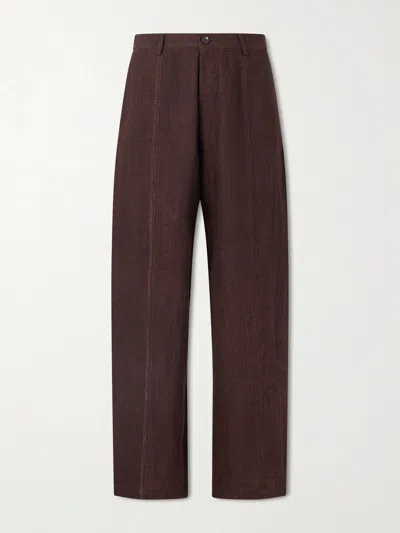 Kartik Research Rabari Embroidered Straight-leg Linen Suit Trousers In Brown