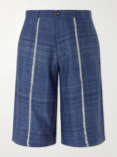 Kartik Research Rabari Straight-leg Embroidered Silk Shorts In Blue