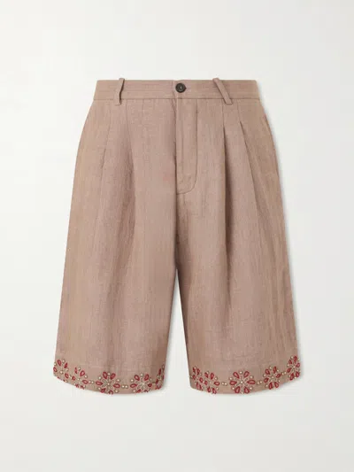 Kartik Research Straight-leg Embellished Pleated Shorts In Brown