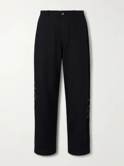 Kartik Research Straight-leg Pleated Bead-embroidered Wool Trousers In Black