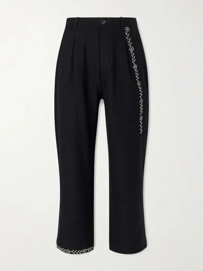 Kartik Research Straight-leg Pleated Embroidered Wool Trousers In Black
