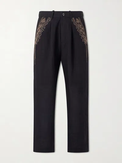 Kartik Research Straight-leg Zardozi Embroidered Pleated Linen Trousers In Black