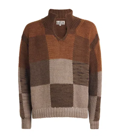 Kartik Research Wool Check Rugby Knit Jumper In Brown