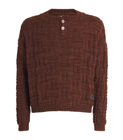 Kartik Research Wool Woven Henley Jumper In Burgundy