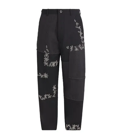 Kartik Research Wool-linen Embroidered Patchwork Trousers In Black