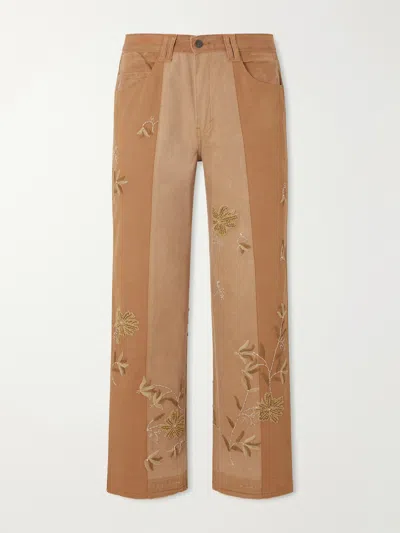 Kartik Research Zardozi Bead-embellished Embroidered Panelled Cotton-canvas Trousers In Brown