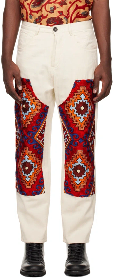 Karu Research Off-white Double Knee Jeans In Ecru/red/blue/black