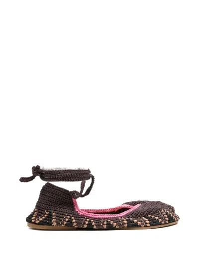 Kashura Crochet-knit Ankle-tie Ballet Flats In Brown