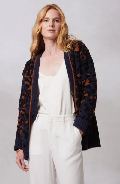 Kashwere Apparel Chenilla Classic Cardigan In Dark Indigo/chestnut/black