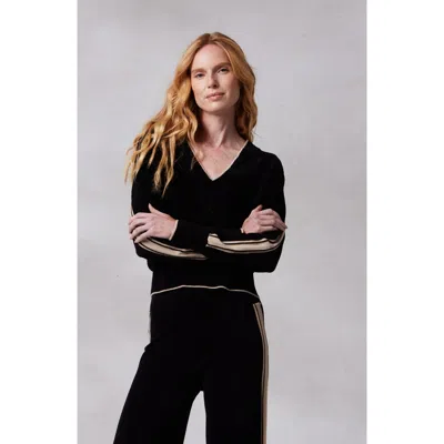 Kashwere Apparel V Neck Track Sweater In Black/sand Stripe