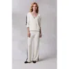 Kashwere Apparel V Neck Track Sweater In Creme/black Stripe