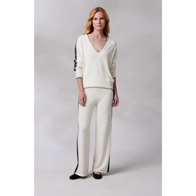 Kashwere Apparel V Neck Track Sweater In Creme/black Stripe