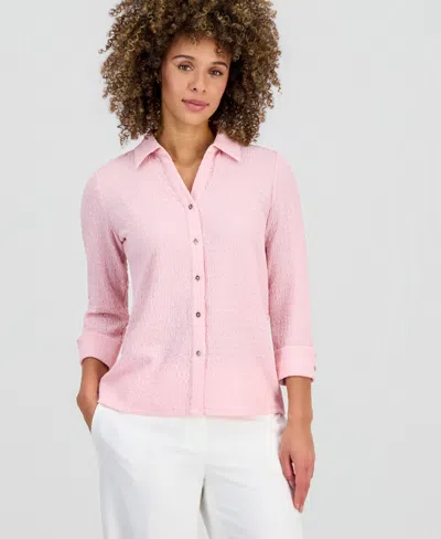 Kasper 3q Button Frt Top With Split Cuff In Pink