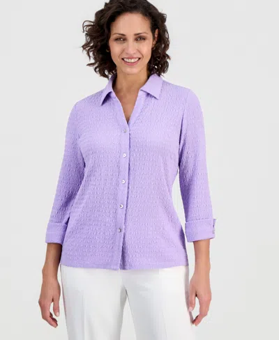 Kasper 3q Button Frt Top With Split Cuff In Purple