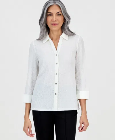 Kasper 3q Button Frt Top With Split Cuff In White