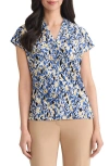 Kasper Abstract Print Short Sleeve Knit Top In Blue