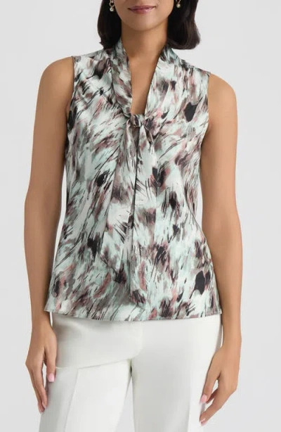 Kasper Abstract Print Tie Neck Sleeveless Top In Multi