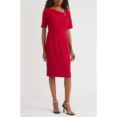 Kasper Asymmetric Neck Sheath Dress In Red