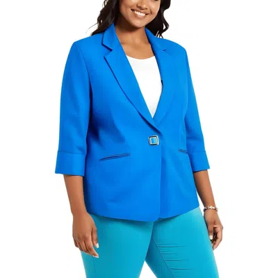 Kasper Blazer Jacket Women's Blue Linen Notch Lapel Long Sleeve Fts1215
