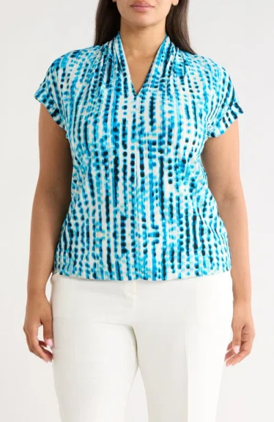 Kasper Blurred Line Print Stretch Crepe Top In Blue