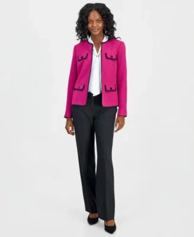 Kasper Collarless Contrast Piping Jacket Embellished Neck Tie Top Ava Straight Leg Pants In Pink