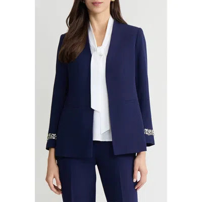 Kasper Collarless Open Front Jacket In Blue