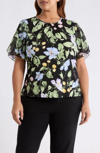 Kasper Plus Size Floral-print Flutter-sleeve Top In Multi