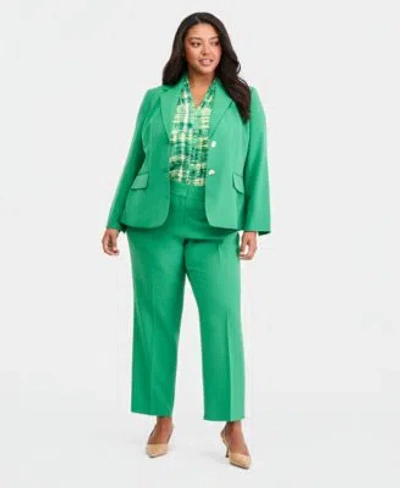 Kasper Crepe Two Button Jacket Crepe Fly Front Slim Pant With Funnel Neck Top In Green